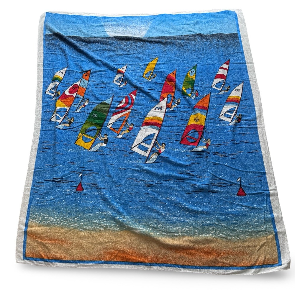 Vintage‎ Kel-Tex Windsurfing Beach Towel Blue Cotton Brazil 52x56 Ocean 90s